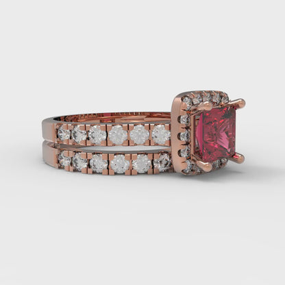 1.56 cttw Princess Cut Natural Garnet Bridal Set - Solid Rose Gold Engagement Ring & Wedding Band