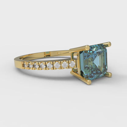 2.7 cttw Zirconia Simulated Blue Diamond Solitaire with Zirconia Simulated Diamond Accents Engagement Ring - Solid Yellow Gold (VVS1, Asscher Cut,6.5mm)