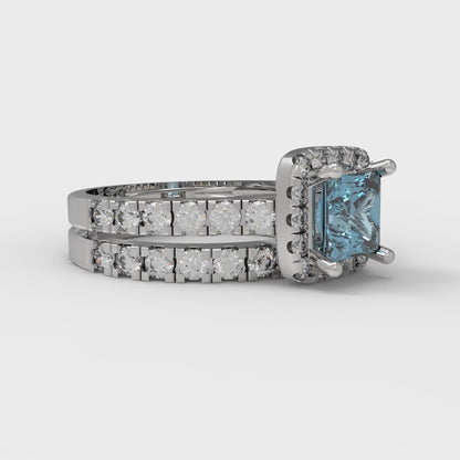1.56 cttw Princess Cut Natural Sky Blue Topaz Bridal Set - Solid White Gold Engagement Ring & Wedding Band