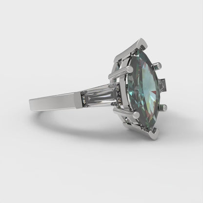 2 cttw Blue Moissanite Three-Stone Engagement Ring - Solid Gold (Marquise Cut,11x5.5mm)