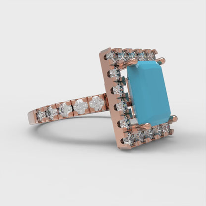 3.84 cttw Simulated Turquoise Solitaire with Zirconia Simulated Diamond Accents Engagement Ring - Solid Rose Gold (VVS1, Emerald Cut,9x7mm)