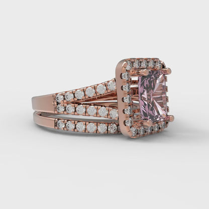 1.72 cttw Emerald Cut Simulated Pink Diamond Bridal Set - Solid Rose Gold Engagement Ring & Wedding Band