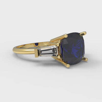 3 cttw Simulated Blue Sapphire Three-Stone Engagement Ring - Solid Gold (Cushion Cut,8.0mm)