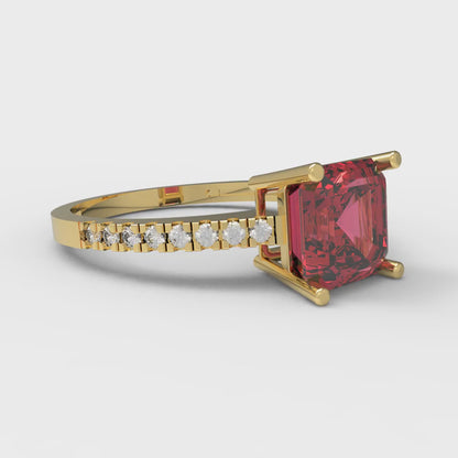 2.7 cttw Simulated Ruby Solitaire with Zirconia Simulated Diamond Accents Engagement Ring - Solid Yellow Gold (VVS1, Asscher Cut,6.5mm)