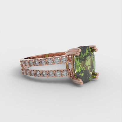 3.48 cttw Natural Peridot Solitaire with Zirconia Simulated Diamond Accents Engagement Ring - Solid Gold (Long Cushion Cut,9x7mm)