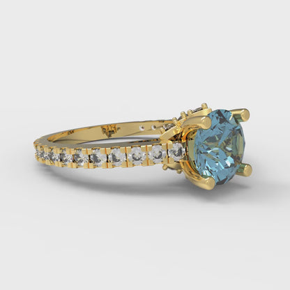 1.465 cttw Natural Swiss Blue Topaz Solitaire with Zirconia Simulated Diamond Accents Engagement Ring - Solid Gold (Round Cut,6.5mm)