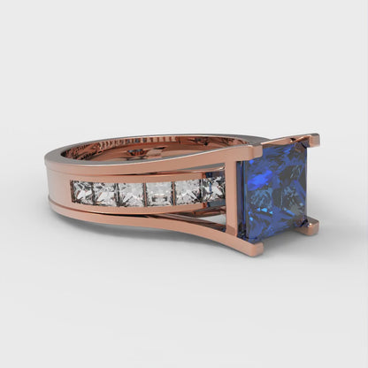 2.28 cttw Princess Cut Simulated Tanzanite Bridal Set - Solid Rose Gold Engagement Ring & Wedding Band