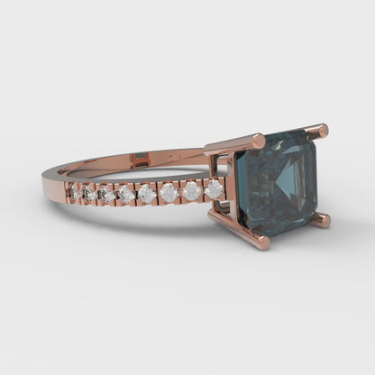 2.7 cttw Natural London Blue Topaz Solitaire with Zirconia Simulated Diamond Accents Engagement Ring - Solid Gold (Asscher Cut,6.5mm)