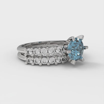 1.66 cttw Round Cut Natural Sky Blue Topaz Bridal Set - Solid White Gold Engagement Ring & Wedding Band