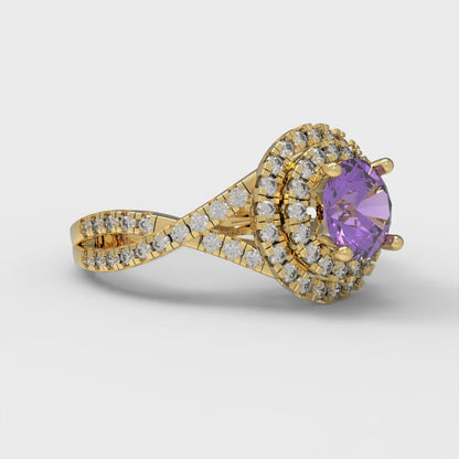 1.3125 cttw Simulated Alexandrite Hidden Halo Engagement Ring - Solid Gold (Round Cut,6mm)