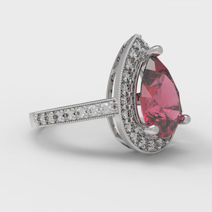 2.36 cttw Simulated Ruby Hidden Halo Engagement Ring - Solid White Gold (VVS1, Pear Cut,10x7mm)