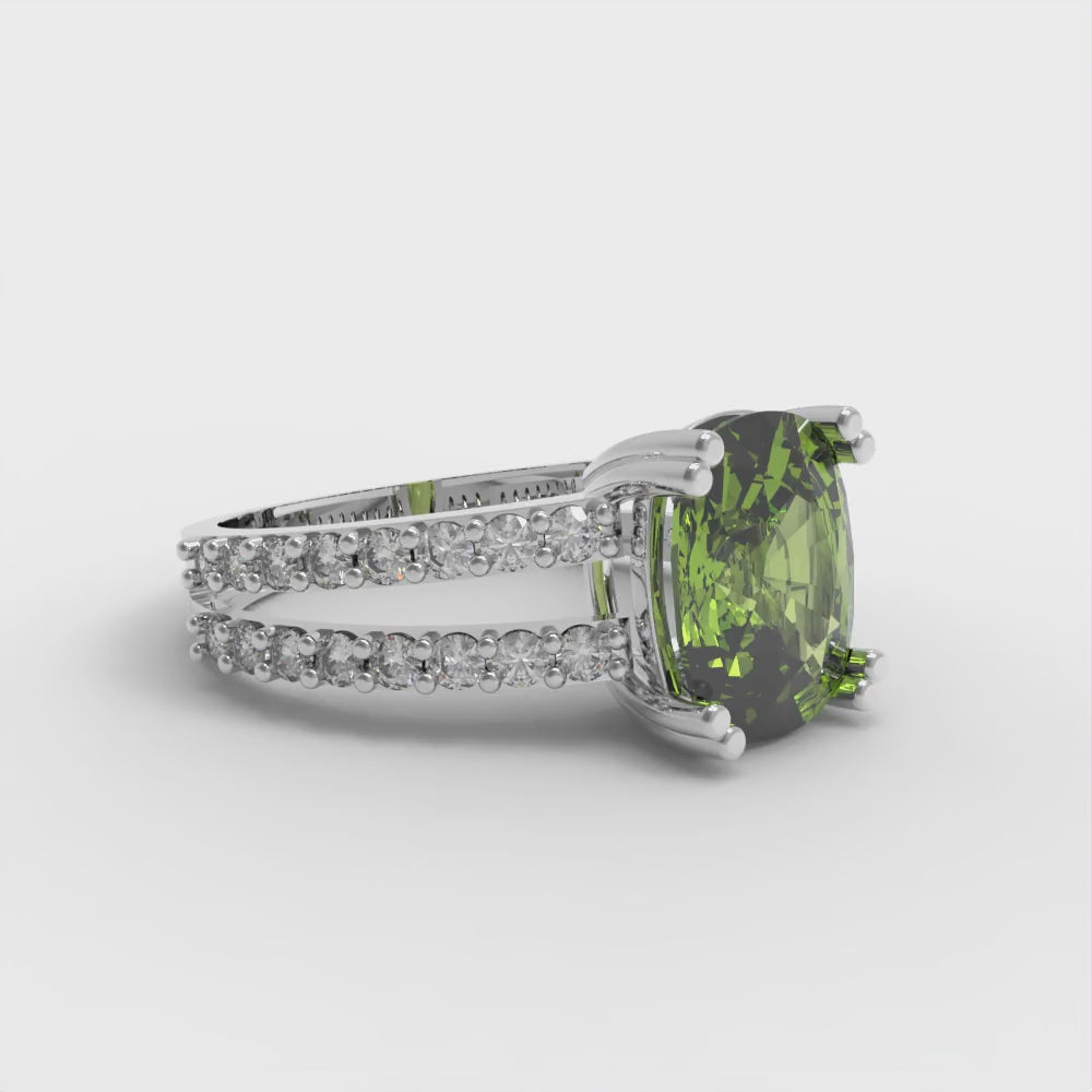 3.48 cttw Natural Peridot Solitaire with Zirconia Simulated Diamond Accents Engagement Ring - Solid Gold (Long Cushion Cut,9x7mm)