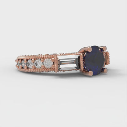 2.33 cttw Simulated Blue Sapphire Three-Stone Engagement Ring - Solid Rose Gold (VVS1, Round Cut,6.5mm)