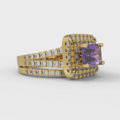 3.05 cttw Emerald Cut Simulated Alexandrite Bridal Set - Solid Yellow Gold Engagement Ring & Wedding Band