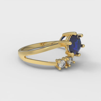 0.87 cttw Simulated Blue Sapphire Three-Stone Engagement Ring - Solid Yellow Gold (VVS1, Round Cut,6.0mm)