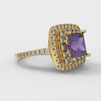 2.07 cttw Natural Amethyst Hidden Halo Engagement Ring - Solid Yellow Gold (VVS1, Princess Cut,6.5mm)