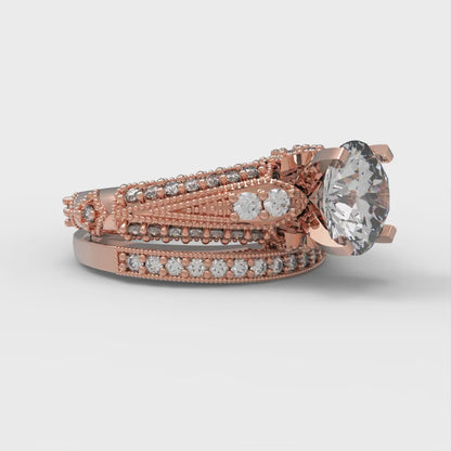 2.095 cttw Round Cut White Sapphire Bridal Set - Solid Rose Gold Engagement Ring & Wedding Band