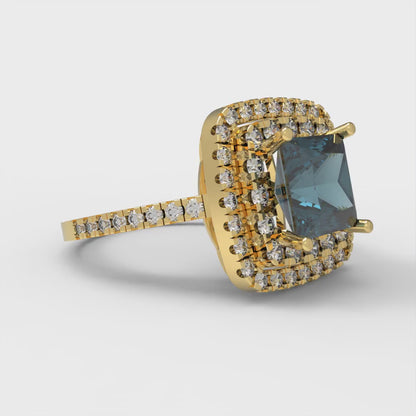 2.07 cttw Natural London Blue Topaz Hidden Halo Engagement Ring - Solid Yellow Gold (VVS1, Princess Cut,6.5mm)