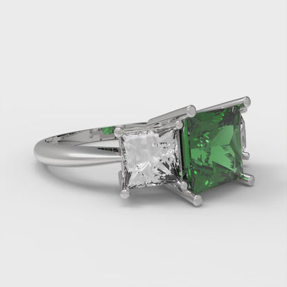 2.5 cttw Simulated Emerald Three-Stone Engagement Ring - Solid White Gold  (VVS1, Princess Cut,6.5 mm)