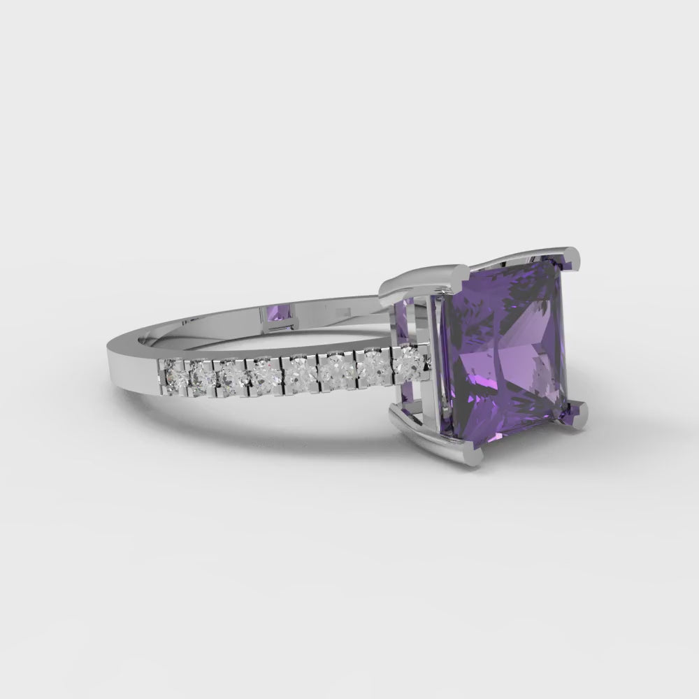 1.62 cttw Natural Amethyst Solitaire with Zirconia Simulated Diamond Accents Engagement Ring - Solid Gold (Princess Cut,6.5mm)