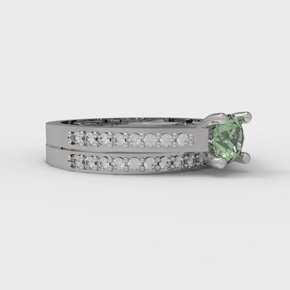0.86 cttw Round Cut Simulated Green Diamond Bridal Set - Solid White Gold Engagement Ring & Wedding Band