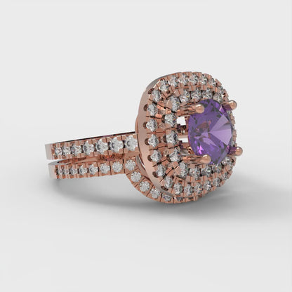 1.7825 cttw Round Cut Natural Amethyst Bridal Set - Solid Rose Gold Engagement Ring & Wedding Band