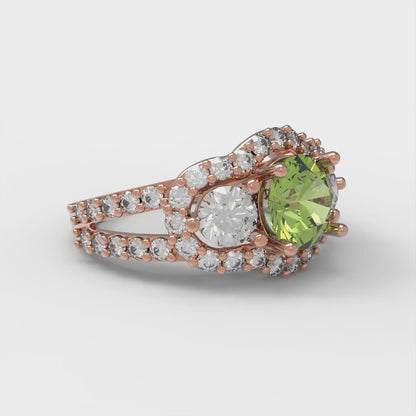 2.16 cttw Natural Peridot Three-Stone Engagement Ring - Solid Rose Gold (VVS1, Round Cut,6.5mm)
