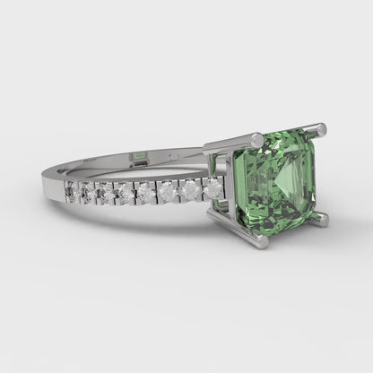 2.7 cttw Zirconia Simulated Green Diamond Solitaire with Zirconia Simulated Diamond Accents Engagement Ring - Solid White Gold (VVS1, Asscher Cut,6.5mm)