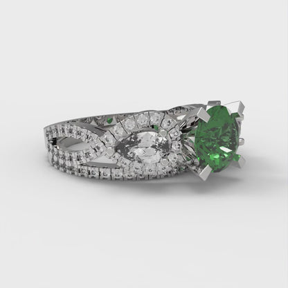 1.925 cttw Round Cut Simulated Emerald Bridal Set - Solid White Gold Engagement Ring & Wedding Band