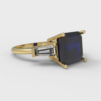 3 cttw Simulated Blue Sapphire Three-Stone Engagement Ring - Solid Gold (Asscher Cut,8.0mm)