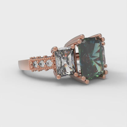 4.27 cttw Blue Moissanite Three-Stone Engagement Ring - Solid Gold (Emerald Cut,9x7mm)