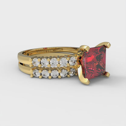 2.63 cttw Princess Cut Simulated Pink Tourmaline Bridal Set - Solid Yellow Gold Engagement Ring & Wedding Band