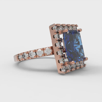 3.84 cttw Simulated Tanzanite Solitaire with Zirconia Simulated Diamond Accents Engagement Ring - Solid Rose Gold (VVS1, Emerald Cut,9x7mm)