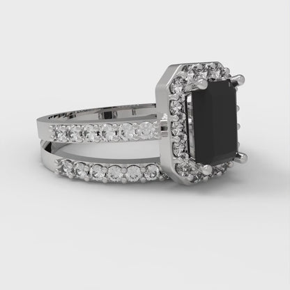 1.92 cttw Natural Onyx Solitaire with Zirconia Simulated Diamond Accents Engagement Ring - Solid Gold (Emerald Cut,7.5X5.5mm)