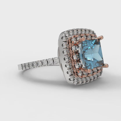 2.07 cttw Natural Swiss Blue Topaz Hidden Halo Engagement Ring - Solid White/Rose Gold (VVS1, Princess Cut,6.5mm)