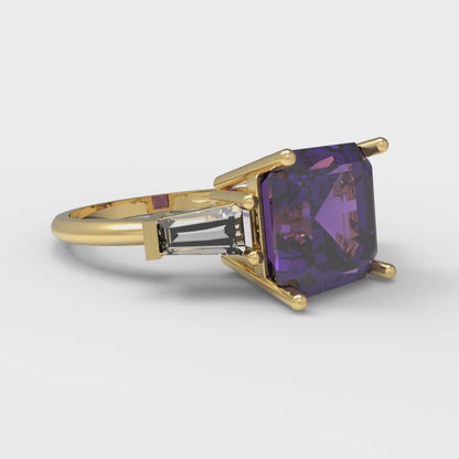 3 cttw Natural Amethyst Three-Stone Engagement Ring - Solid Yellow Gold (VVS1, Asscher Cut,8.0mm)