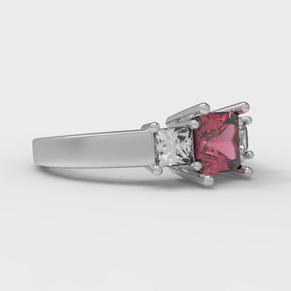1.11 cttw Simulated Ruby Three-Stone Engagement Ring - Solid White Gold (VVS1, Princess Cut,5.0mm)