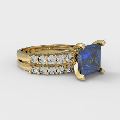 2.63 cttw Princess Cut Simulated Tanzanite Bridal Set - Solid Yellow Gold Engagement Ring & Wedding Band