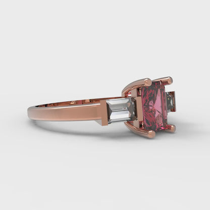 0.8 cttw Simulated Ruby Three-Stone Engagement Ring - Solid Rose Gold (VVS1, Emerald Cut,6x4mm)