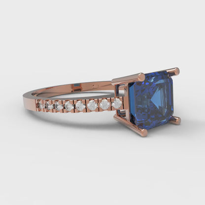 2.7 cttw Simulated Tanzanite Solitaire with Zirconia Simulated Diamond Accents Engagement Ring - Solid Gold (Asscher Cut,6.5mm)