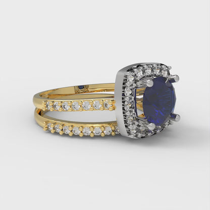 1.495 cttw Round Cut Simulated Blue Sapphire Bridal Set - Solid Yellow/White Gold Engagement Ring & Wedding Band