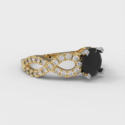 1.42 cttw Natural Onyx Solitaire with Zirconia Simulated Diamond Accents Engagement Ring - Solid Yellow/White Gold (VVS1, Round Cut,6.5mm)