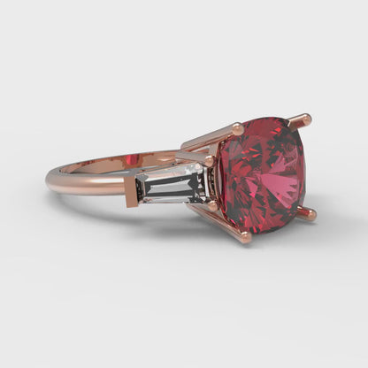 3 cttw Simulated Ruby Three-Stone Engagement Ring - Solid Rose Gold (VVS1, Cushion Cut,8.0mm)