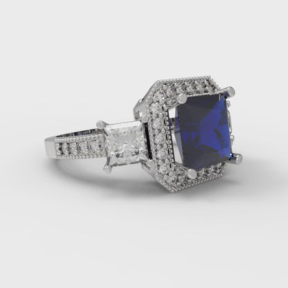 3.005 cttw Simulated Blue Sapphire Three-Stone Engagement Ring - Solid White Gold (VVS1, Princess Cut,7.0mm)