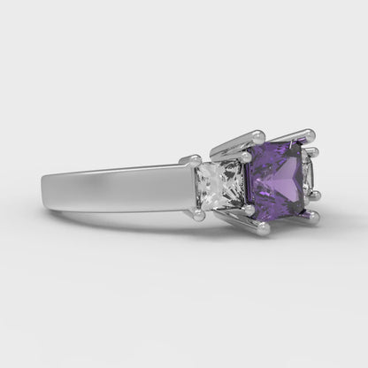1.11 cttw Natural Amethyst Three-Stone Engagement Ring - Solid White Gold (VVS1, Princess Cut,5.0mm)