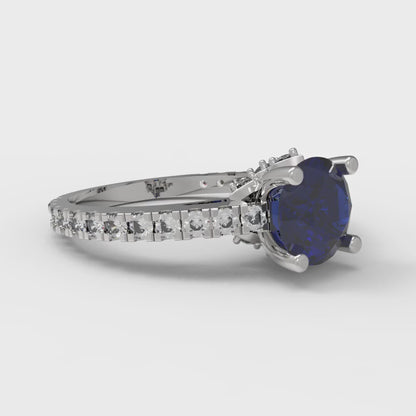 1.465 cttw Simulated Blue Sapphire Solitaire with Zirconia Simulated Diamond Accents Engagement Ring - Solid Gold (Round Cut,6.5mm)