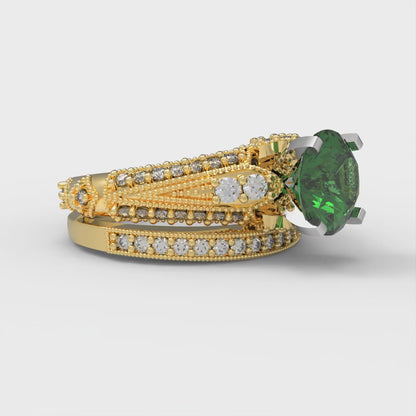 2.095 cttw Round Cut Simulated Emerald Bridal Set - Solid Yellow/White Gold Engagement Ring & Wedding Band