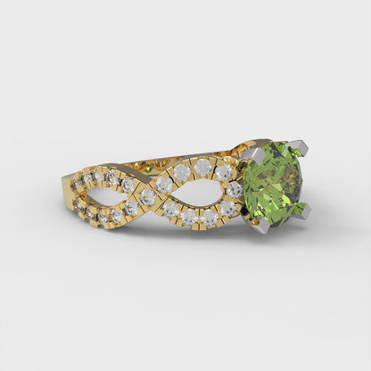 1.42 cttw Natural Peridot Solitaire with Zirconia Simulated Diamond Accents Engagement Ring - Solid Yellow/White Gold (VVS1, Round Cut,6.5mm)