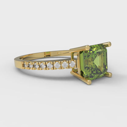 2.7 cttw Natural Peridot Solitaire with Zirconia Simulated Diamond Accents Engagement Ring - Solid Gold (Asscher Cut,6.5mm)