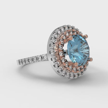 2.6 cttw Natural Aquamarine Hidden Halo Engagement Ring - Solid White/Rose Gold (VVS1, Round Cut,8.0mm)